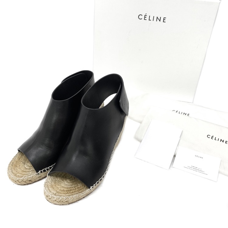 CELINE セリーヌ オープントゥブーティ フィービー期 エスパドリーユ ジュートウェッジサンダル ブラック 36/23cm 313853