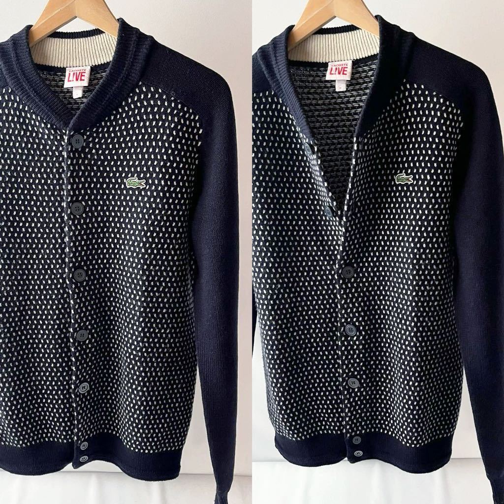 (美品) ラコステ LACOSTE LIVE ニット ジャケット M (日本L) ネイビー ホワイト ウール セーター アルパカ混 ボンバージャケット_画像10