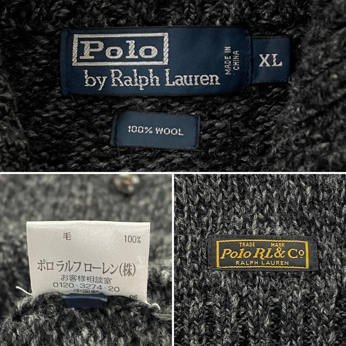 ☆Polo by Ralph Lauren ラルフローレン 90s VINTAGE ドライバーズニットセーター ミックスグレー 毛100% サイズXL【送料一律/同梱可能】A_画像10