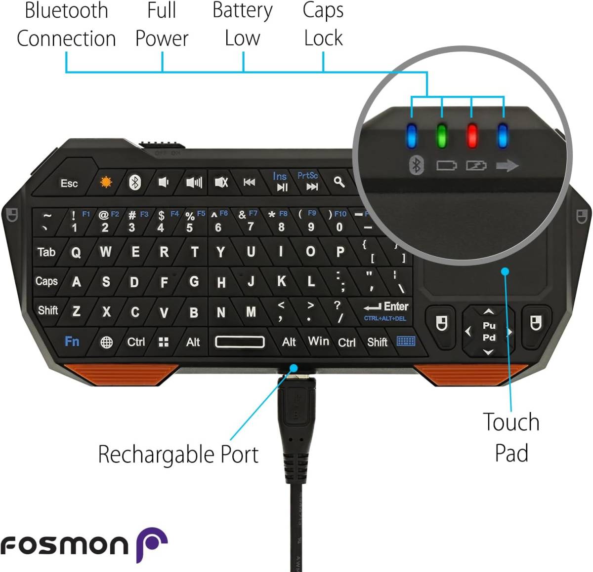 タッチパッド搭載のFosmon携帯式軽量小型 ミニワイヤレスBluetoothキーボードコントローラー マウス 一体型（QWERT_画像3