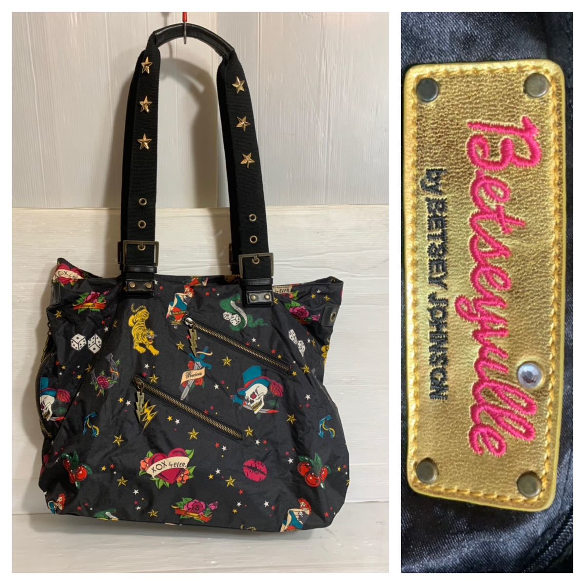 Betseyville by BETSEY JOHNSON ベッツィージョンソン　トラディショナルタトゥー　刺青柄　ナイロン　トートバッグ　鞄　かばん カバン 黒_画像1