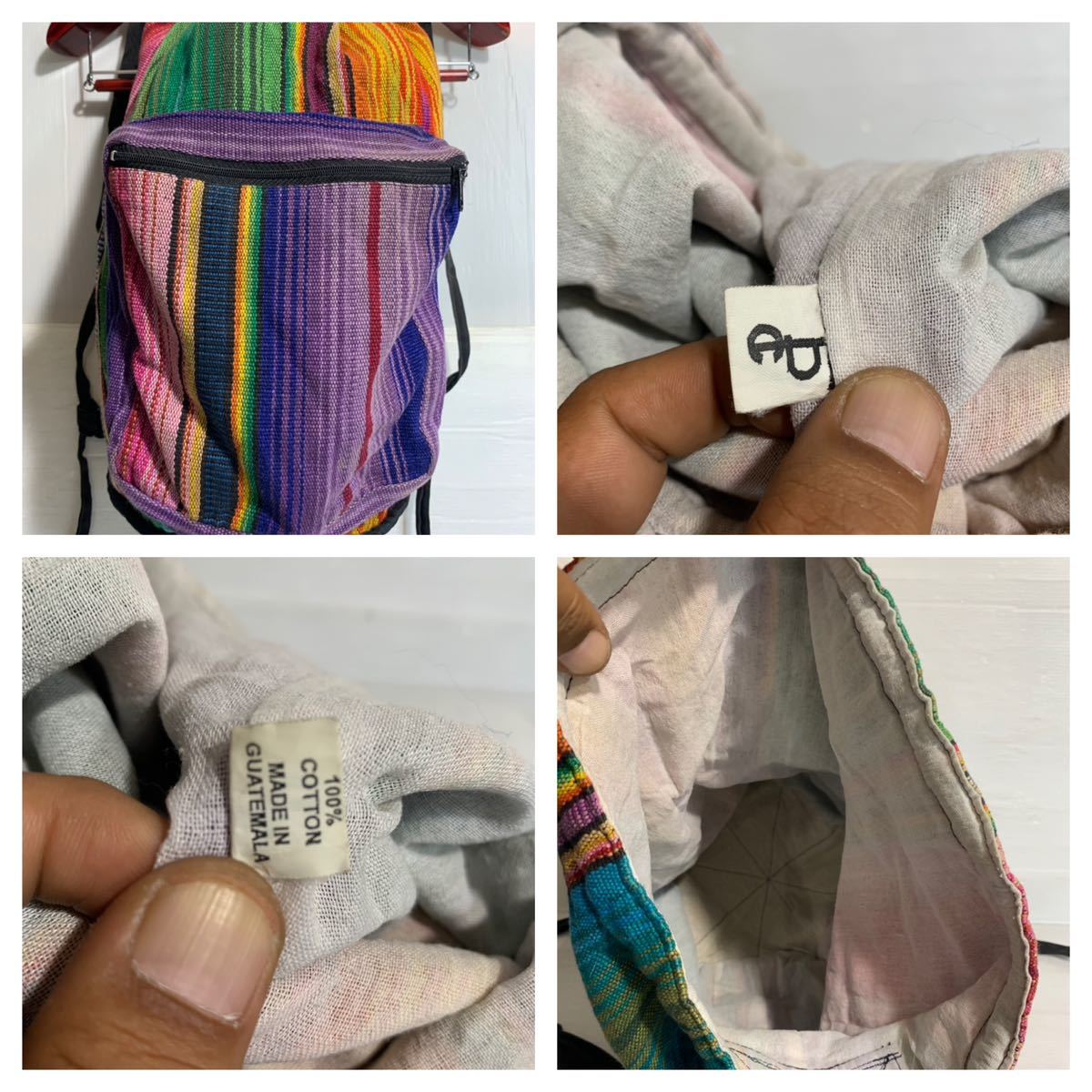 ARTESANIA アルテサニア ？ グアテマラ製 マルチカラーストライプ 巾着 リュックサック ナップサック かばん カバン 鞄 バッグの画像3