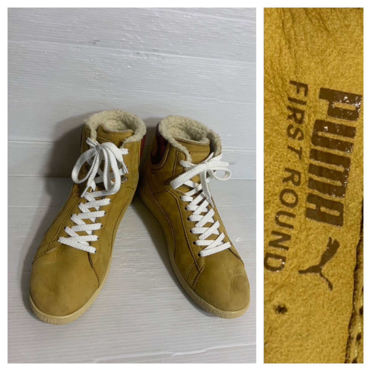 PUMA プーマ　FIRST ROUND ファーストラウンド　イエローヌバック？　レザー　×裏ボア　ハイカットスニーカー　黄　US 5 1/2 24.５cm_画像1