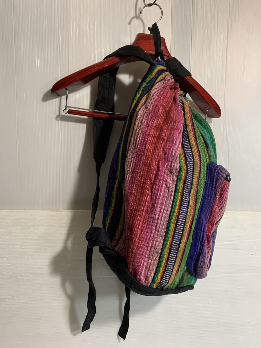 ARTESANIA アルテサニア ？ グアテマラ製 マルチカラーストライプ 巾着 リュックサック ナップサック かばん カバン 鞄 バッグの画像7