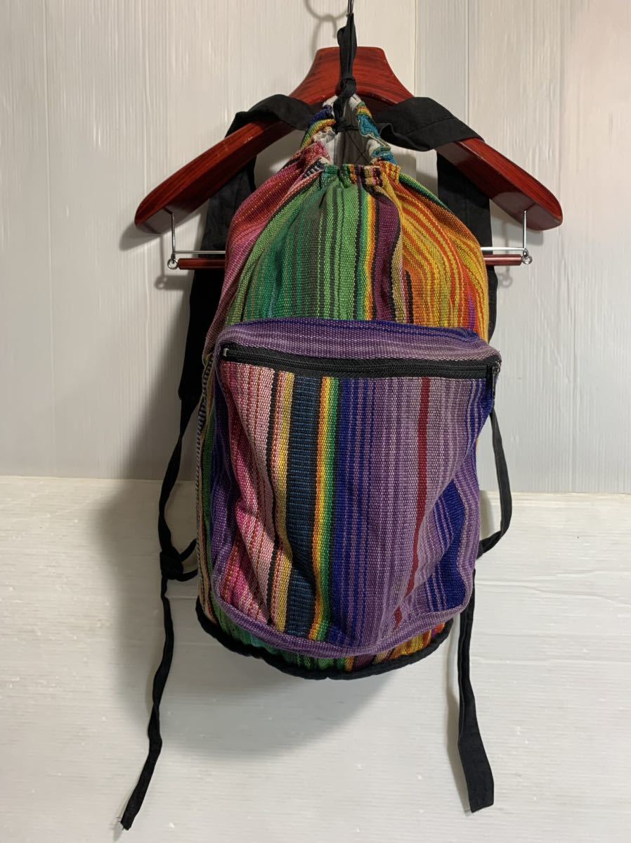 ARTESANIA アルテサニア ？ グアテマラ製 マルチカラーストライプ 巾着 リュックサック ナップサック かばん カバン 鞄 バッグの画像4