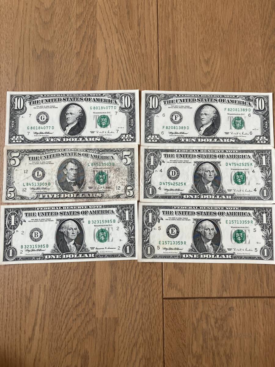 アメリカドル ＄ 1990年代 旧紙幣 合計28ドル 1ドル札3枚 5ドル札1枚 10ドル札2枚 の画像1