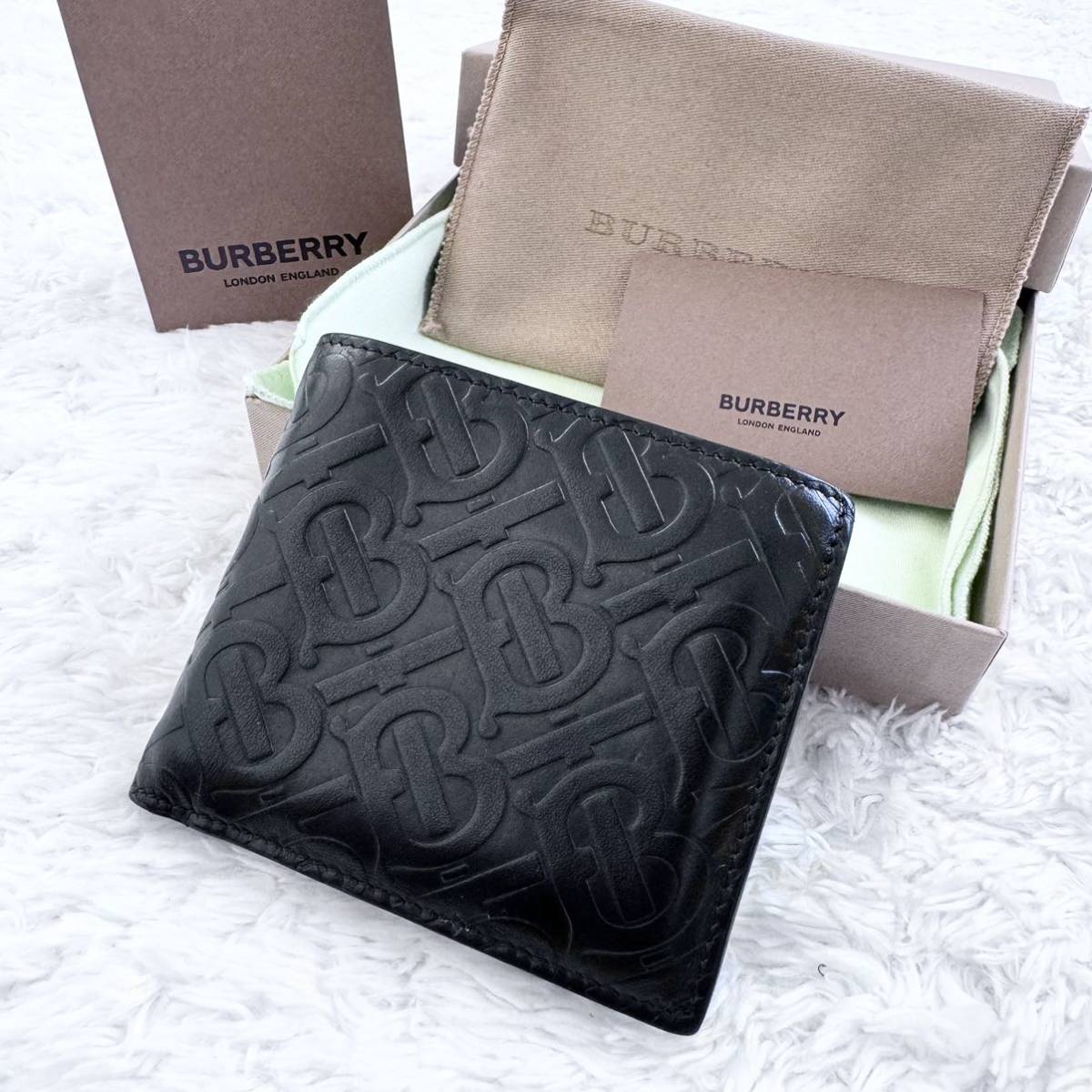 極美品 箱タグ有 BURBERRY バーバリー 現行 ロゴ レザー 二つ折り 財布