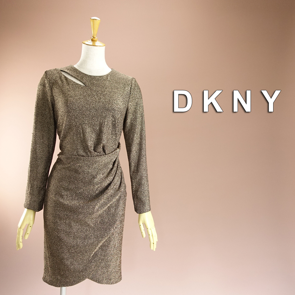 新品 DKNY 16/21号 ダナキャラン ゴールド ラメ ワンピース パーティドレス 長袖 大きいサイズ 結婚式 二次会 披露宴 フォーマル 葵48E0805