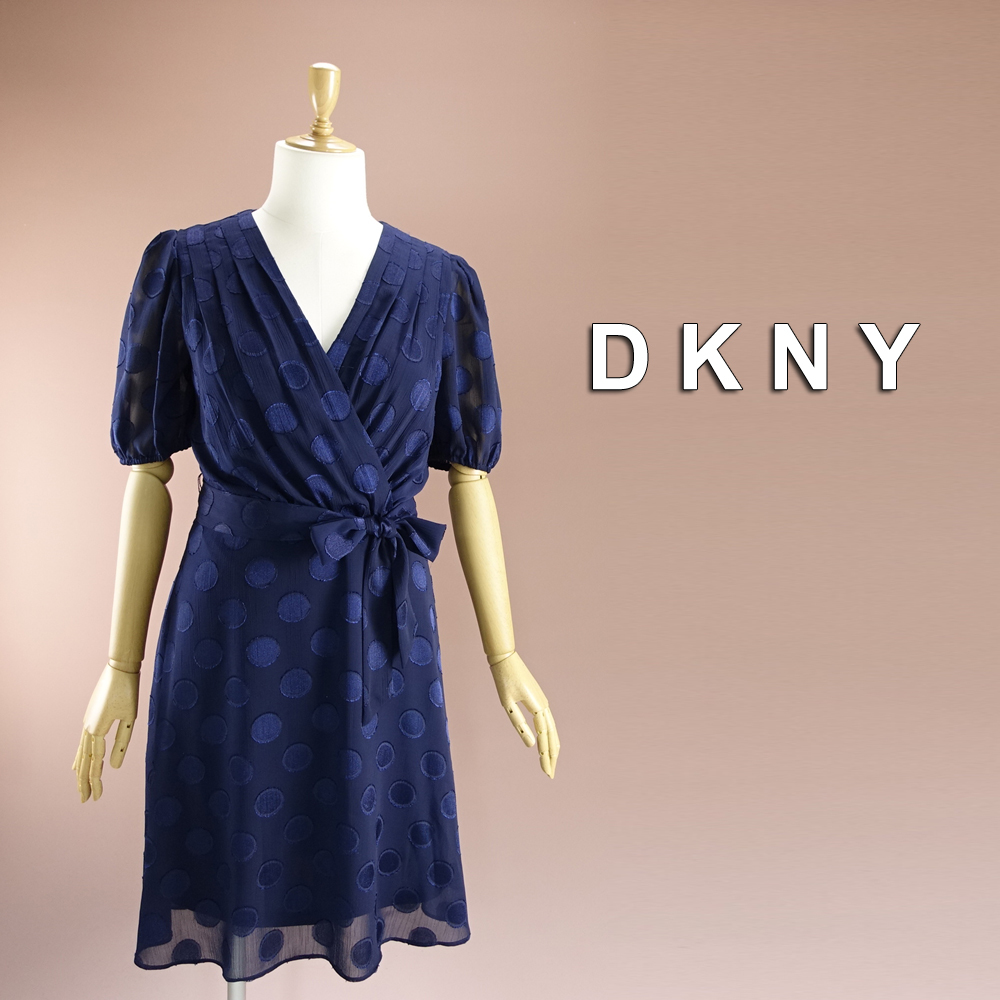 新品 DKNY 14/19号 紺 水玉 ドット柄 ワンピース パーティドレス 半袖 大きいサイズ 結婚式 二次会 披露宴 フォーマル お呼ばれ 凛54E2804