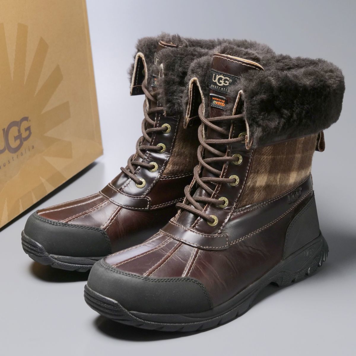 GO5097//*アグ/UGG*3254/メンズUSA9.5/ロールトップ/チェック柄ウール×レザー/レースアップブーツ/ウィンターブーツ/茶/ブラウン_画像1