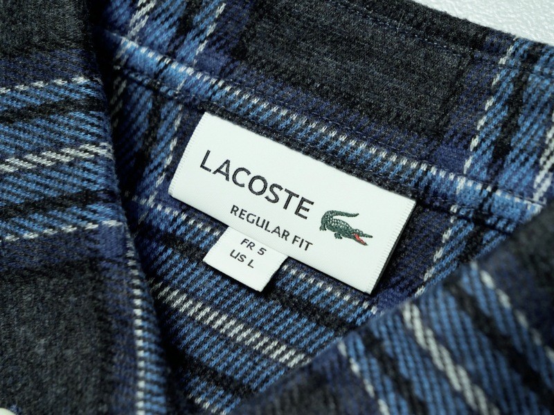 GN5292◇ラコステ LACOSTE メンズ5 REGULAR FIT ワニ刺繍 チェックシャツ ボタンダウンシャツ ネルシャツ グレー×ブルー系_画像6