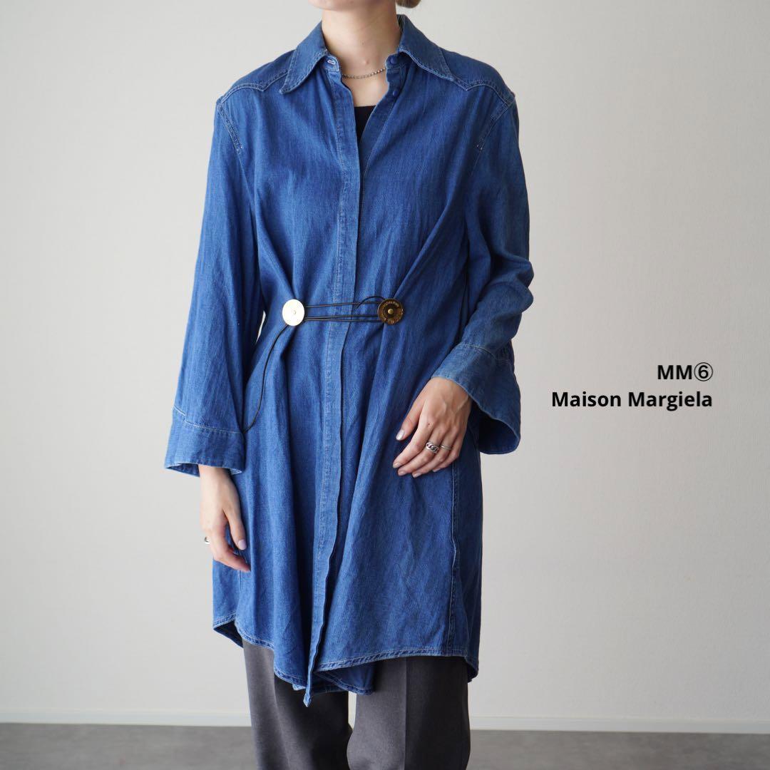 美品 MM6 Maison Margiela デニムシャツ シャツワンピース 長袖 金ボタン ヴィンテージ加工 襟付き ウエスタン ミドル丈 Aラインシルエット_画像1