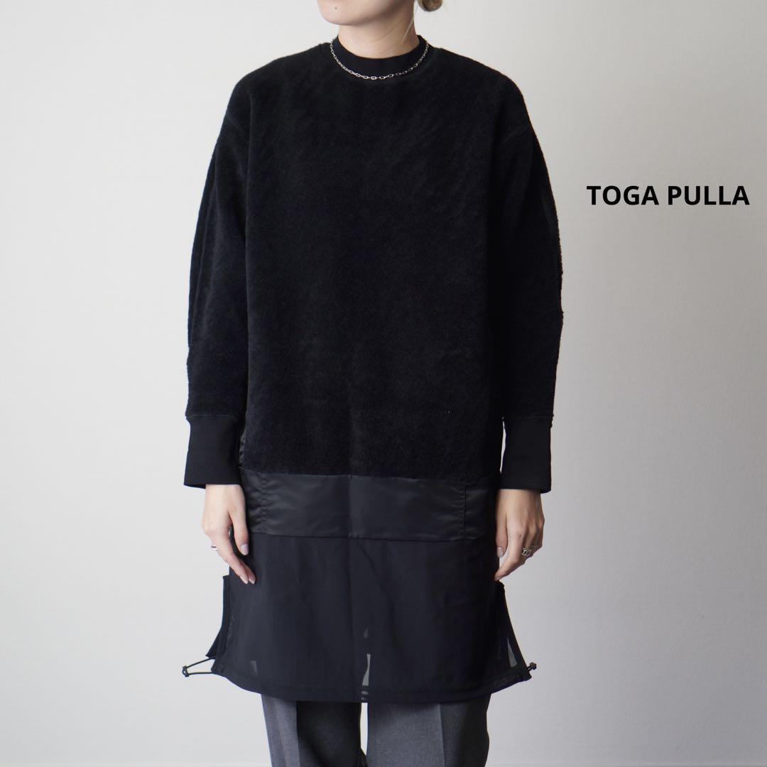 美品 TOGA PULLA トーガ ボア ドッキングカットソー ウール 切り替え シアー 長袖 オーバーサイズ ドローコード 異素材 36 黒