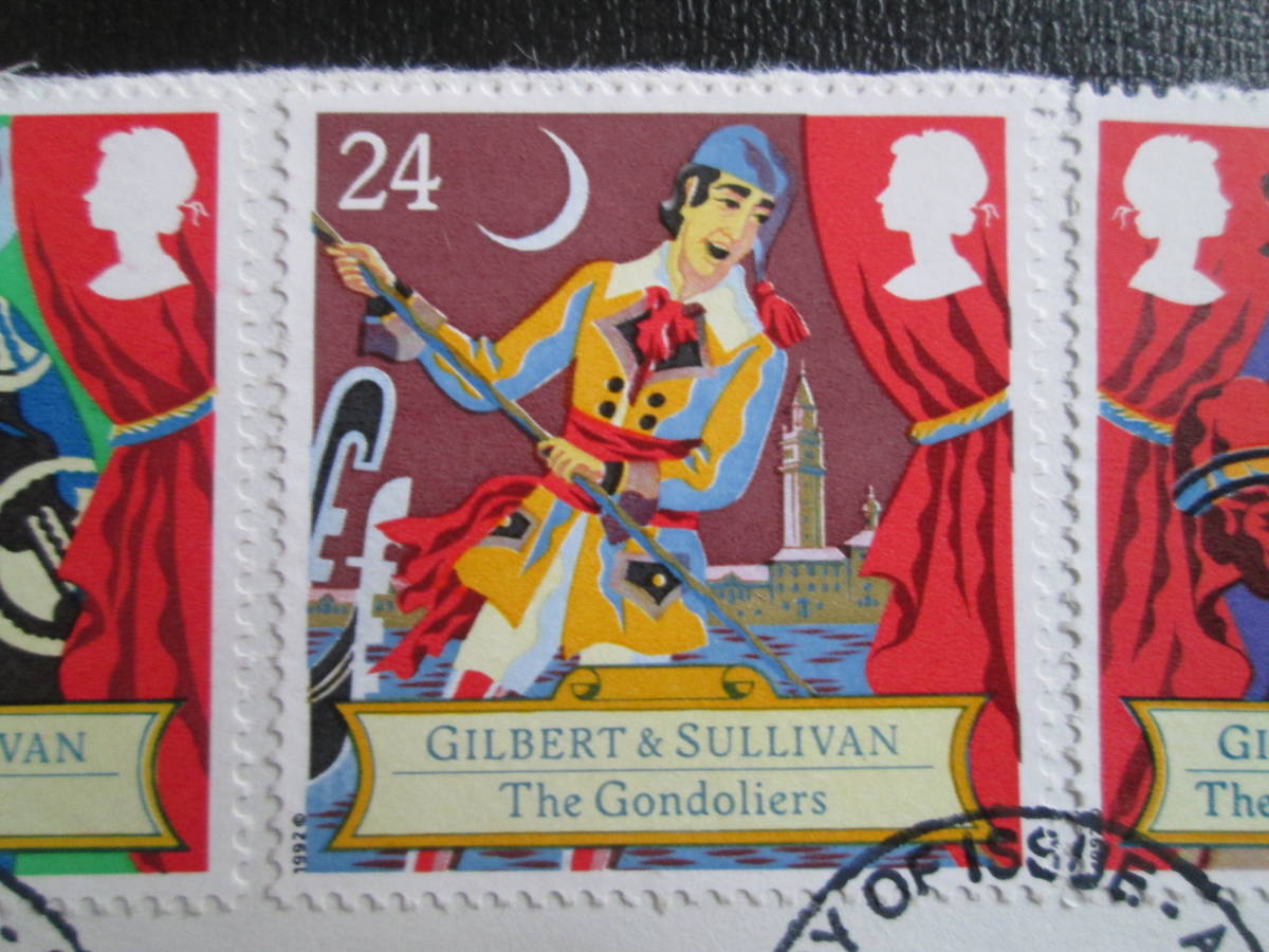 イギリス 英国 記念切手　1992年 作曲家サリバン誕生150年 18～39P:劇作家と共作のオペレッタの場面、ミカドなど　5種完　初日押印紙付　_画像5