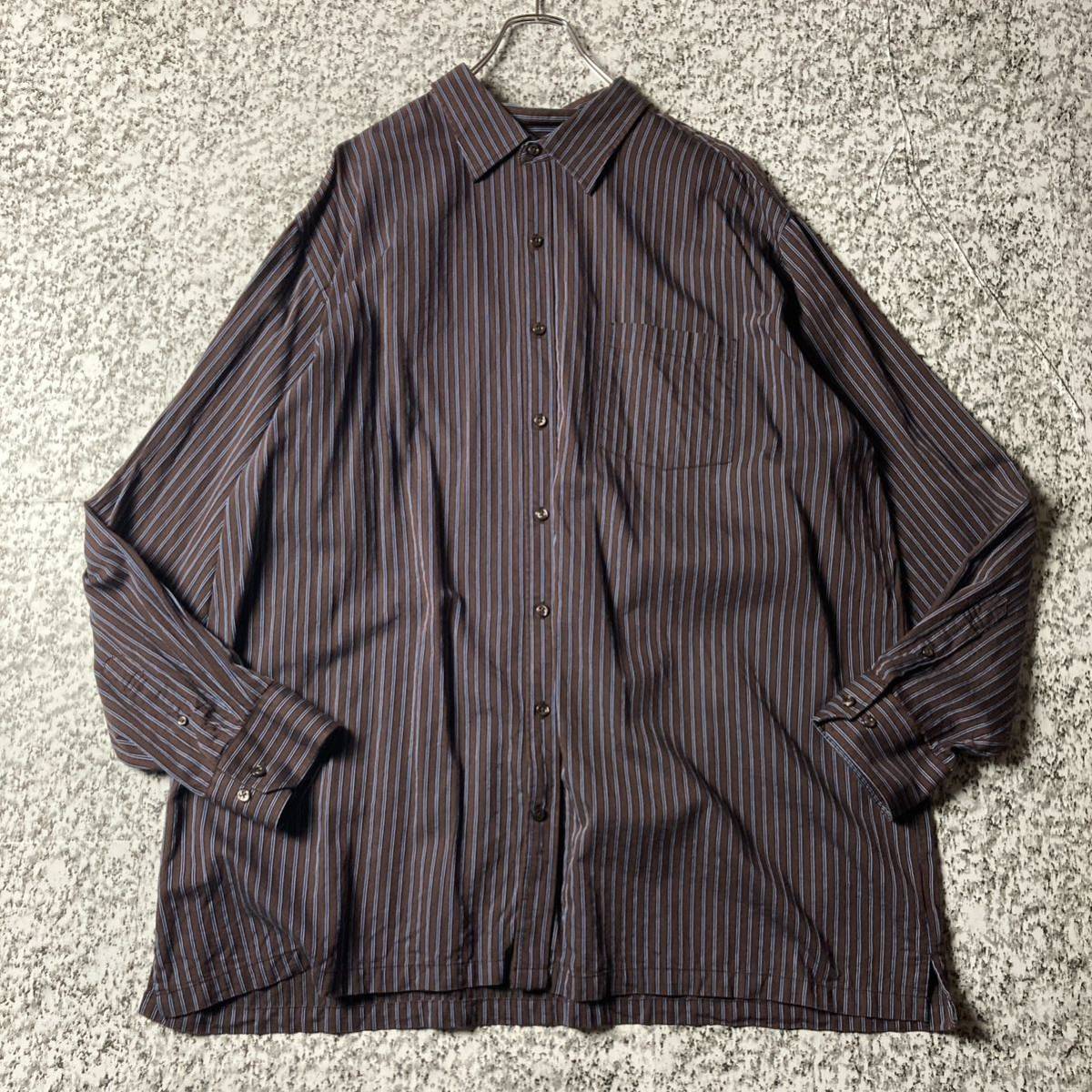 【90sオールド】オーバーサイズ　ビンテージL/Sストライプシャツ　2XLサイズ 古着　長袖シャツ コットン　ビッグサイズ