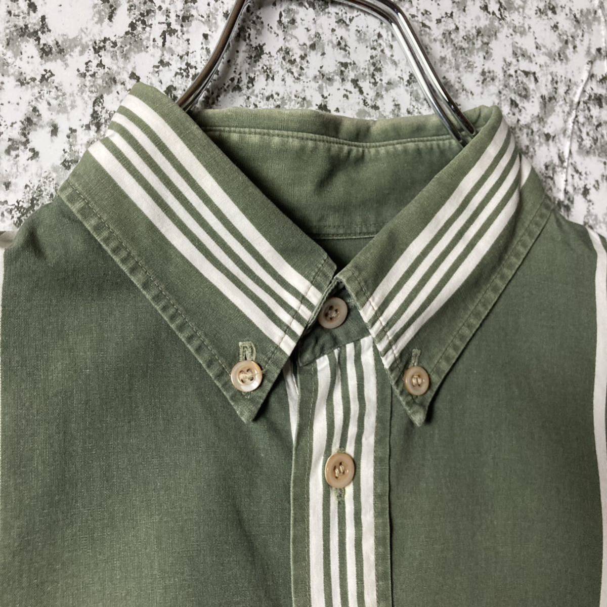 【90sオールド】KENZO ビンテージL/SストライプBDシャツ　日本製　グリーン　Mサイズ 長袖シャツ 古着