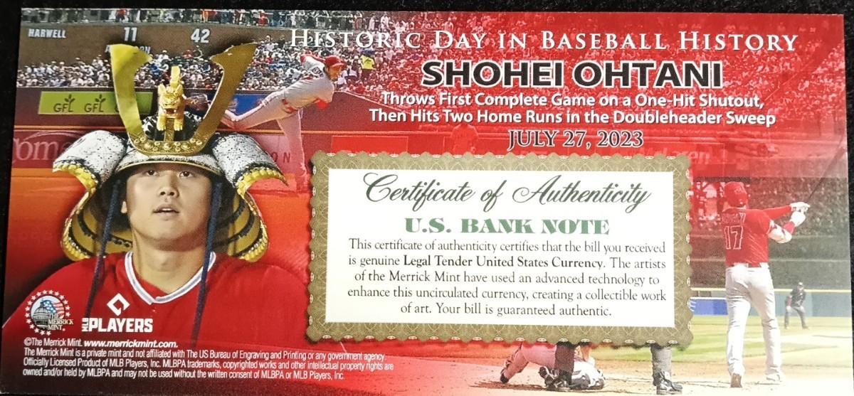 大谷翔平　2023年7月28日の試合で完封と２本塁打を記念して作られた　二刀流記念紙幣です　米ドル　本物　2ドル　限定　MLB公認　在庫あり1_画像7