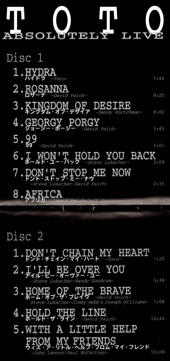 TOTO＜トト、スティーヴ・ルカサー＞「Absolutely Live」2枚組ライブ盤CD＜ロザーナ、99、アフリカ、ホールド・ユー・バック、他収録＞_画像2