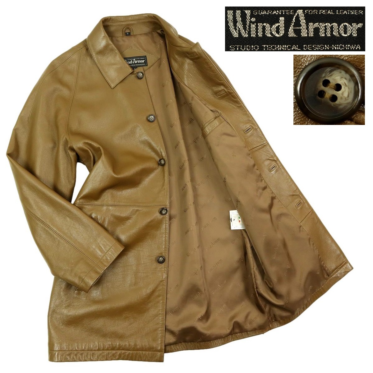 【B2526】【美品】【羊革】Wind Armor ウインドアーマー ステンカラーコート レザーコート オールレザー サイズL