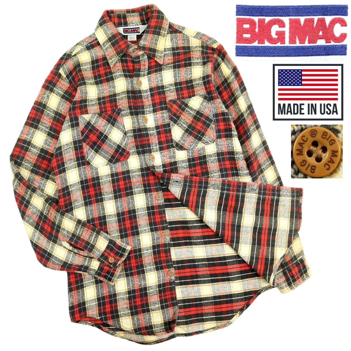 【B2631】【極美品】【USA製】【80年代】BIG MAC ビッグマック 長袖シャツ ネルシャツ タータンチェック ビンテージ 80s サイズM