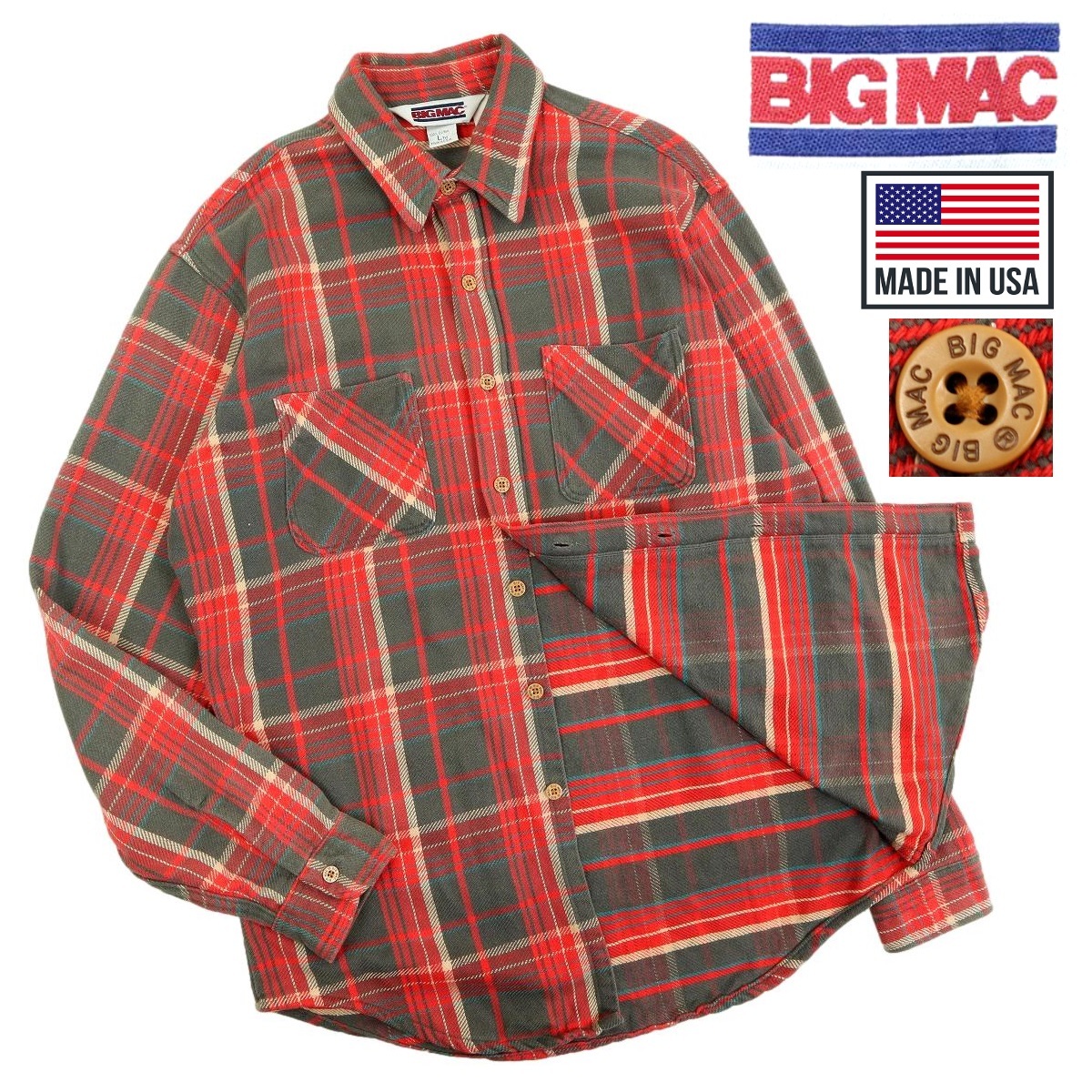 【B2639】【USA製】【80年代】BIGMAC ビッグマック 長袖シャツ ネルシャツ タータンチェック ビンテージ 80s サイズL_画像1