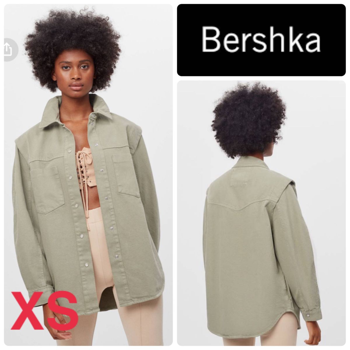 Bershka ベルシュカ　オーバーサイズ　デニムシャツジャケットXS カーキ　デニムジャケット　シャツジャケット