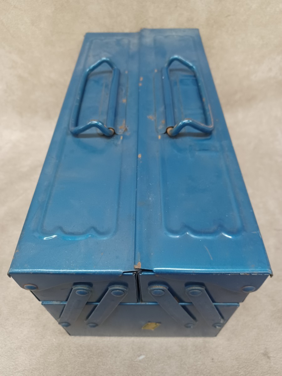 ツールボックス レトロ 工具箱 収納箱 二段式 青色 ブルー ビンテージ 道具箱 アンティーク TOOL BOX 汚れ錆あり 中古品 コレクション _画像5