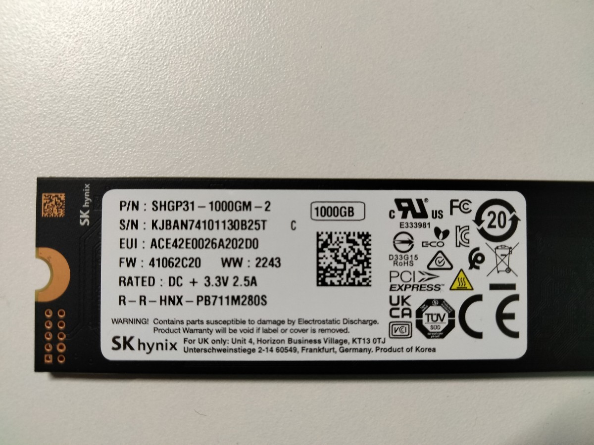 【動作確認済】SK hynix Gold P31 1TB 内蔵SSD PCIe NVMe Gen3 M.2 2280　SHGP31-1000GM-2_画像2