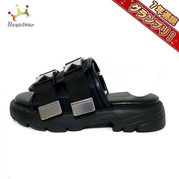 ボッテガヴェネタ BOTTEGA VENETA サンダル 38 - レザー×化学繊維×金属素材 黒×シルバー レディース 靴