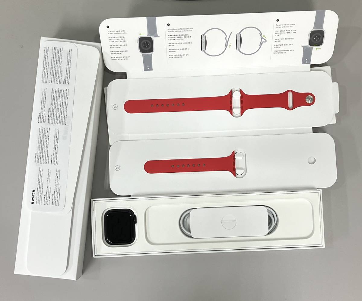 【中古 美品】Apple Watch SE 第2世代 44mm GPSモデル ミッドナイトアルミニウムケース/レッドスポーツバンド MNLC3J/A+MP7J3FE/A_画像1