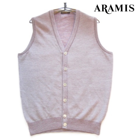 美品日本製!!アラミス ARAMIS*麻26% 前開きリネンコットンウールニットベスト M 白×紫 百貨店購入_画像1