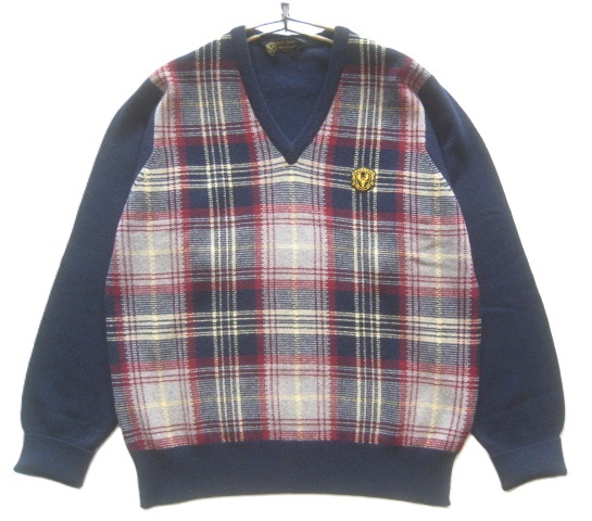 極上スコットランド製!!ロバートメイナード ROBERT MAYNARD*定価6万 カシミヤ100% チェック柄ふわとろニットセーター 42 実寸M 紺