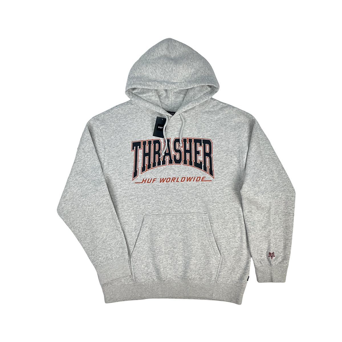 新品 HUF ハフ THRASHER スラッシャー コラボ サンフランシスコ ジャイアンツ カラー ベースボール ロゴ ビッグ パーカー ヘザーグレー XL