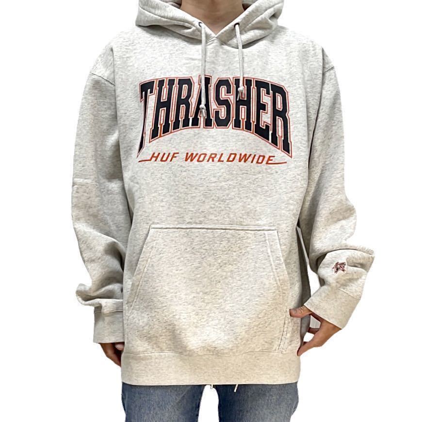 新品 HUF ハフ THRASHER スラッシャー コラボ サンフランシスコ ジャイアンツ カラー ベースボール ロゴ カレッジ パーカー ヘザーグレー M_画像1