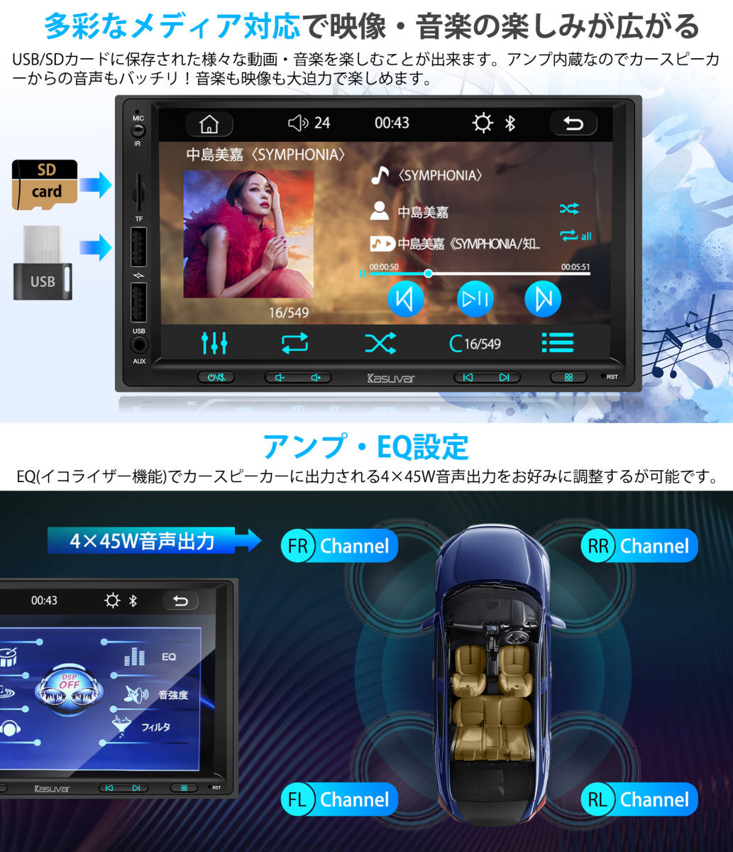 カーオーディオ 7インチ2DINディスプレイオーディオ/ステレオレシーバー 有線Apple CarPlay/AndroidAuto対応 Mirrorlink_画像2