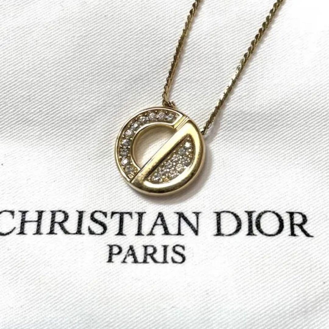美品 Christian Dior ラインストーン ネックレス CD ロゴ アクセサリー ゴールド ラインストーン クリスチャンディオール
