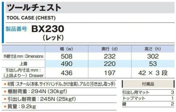 格安 トネ(TONE) ツールチェスト BX230 レッド外寸(mm)間口×奥行×高さ:508×232×302_画像3