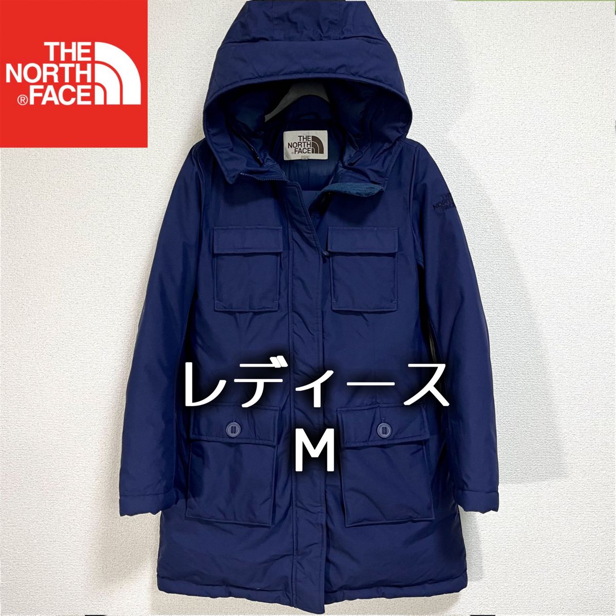 美品人気 ノースフェイス ロゴ刺繍 ダウンコート レディースM ネイビー THE NORTH FACE グースダウン