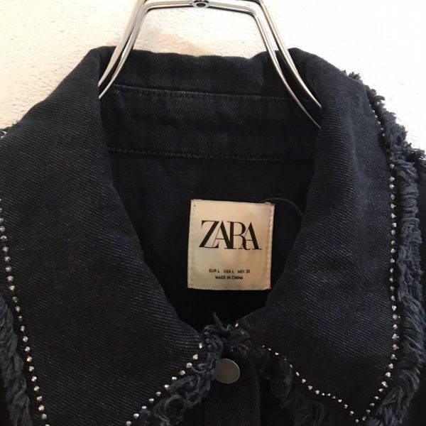 定番ZARA/ザラ フリンジ付きデニムシャツ ブラック 黒 メンズ L_画像3