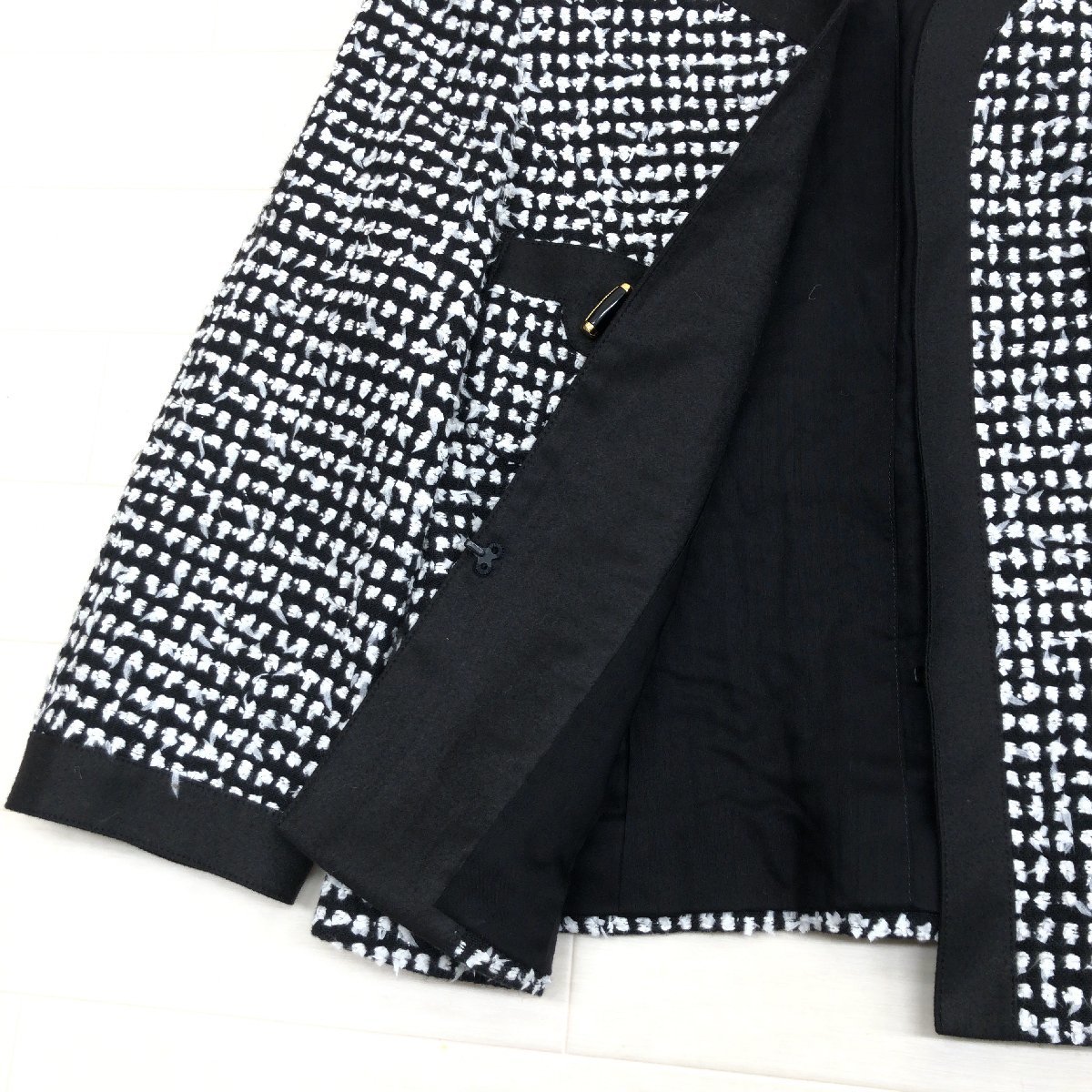 ●miss ashida ミスアシダ 総柄 ウールブレンド ノーカラー ジャケット 11(L) 黒×白 ブラック ホワイト 日本製 長袖 羽織り ジュンアシダ_画像5