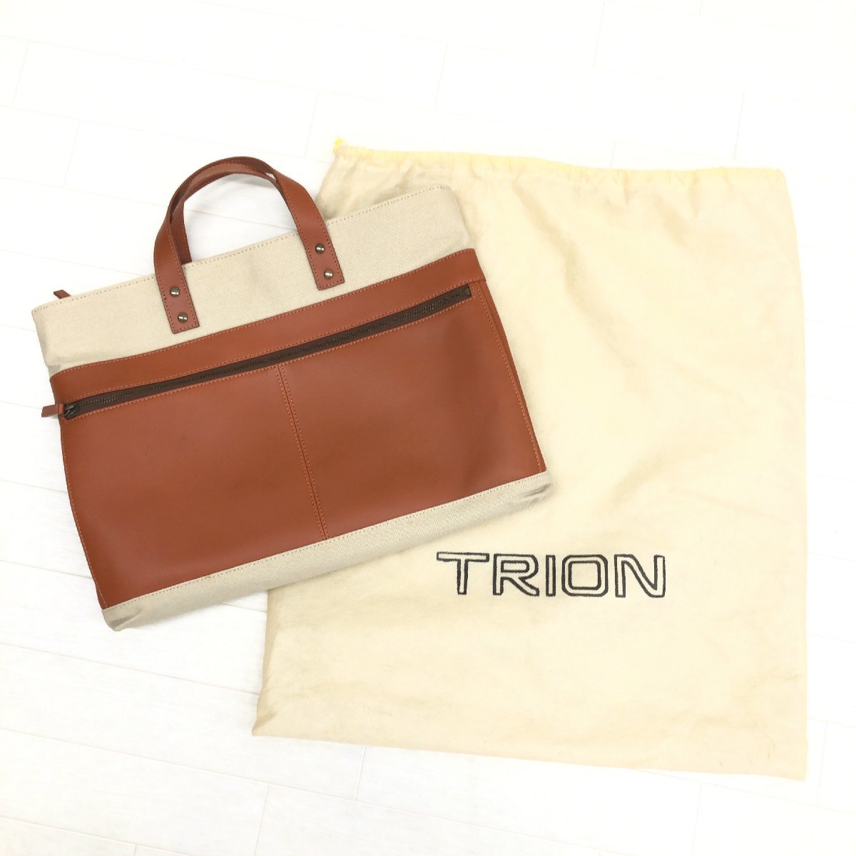 ◆TRION トライオン キャンバス 本革 レザー トートバッグ ベージュ×ブラウン ハンドバッグ ブリーフケース 書類鞄 メンズ 紳士_画像9