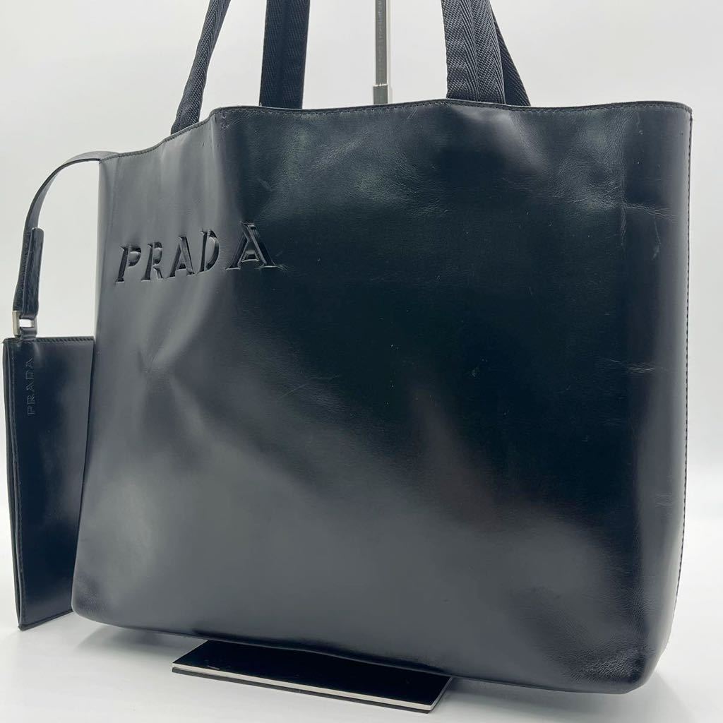 1円〜【希少/極美品】PRADA プラダ メンズ ロゴ型抜き トートバッグ 肩掛け B5 ビジネス カーフ レザー 本革 ブラック 黒 イタリア製_画像1