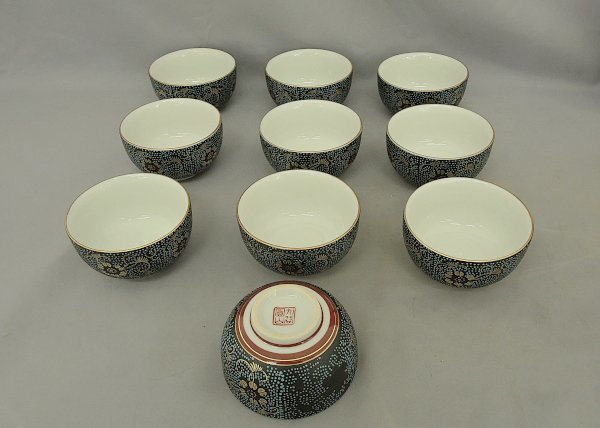 九谷焼 10客茶器 圓山 九谷 茶器 急須 茶碗 湯冷まし 青粒 共箱　圓山作　KUTANI WARE made in Japan 未使用　現代九谷_画像5