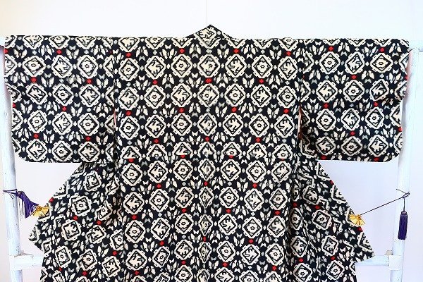 [ кимоно fi] античный .. мелкий рисунок чёрный белый длина 152cm Taisho роман retro совершенно новый натуральный шелк kimono 14891