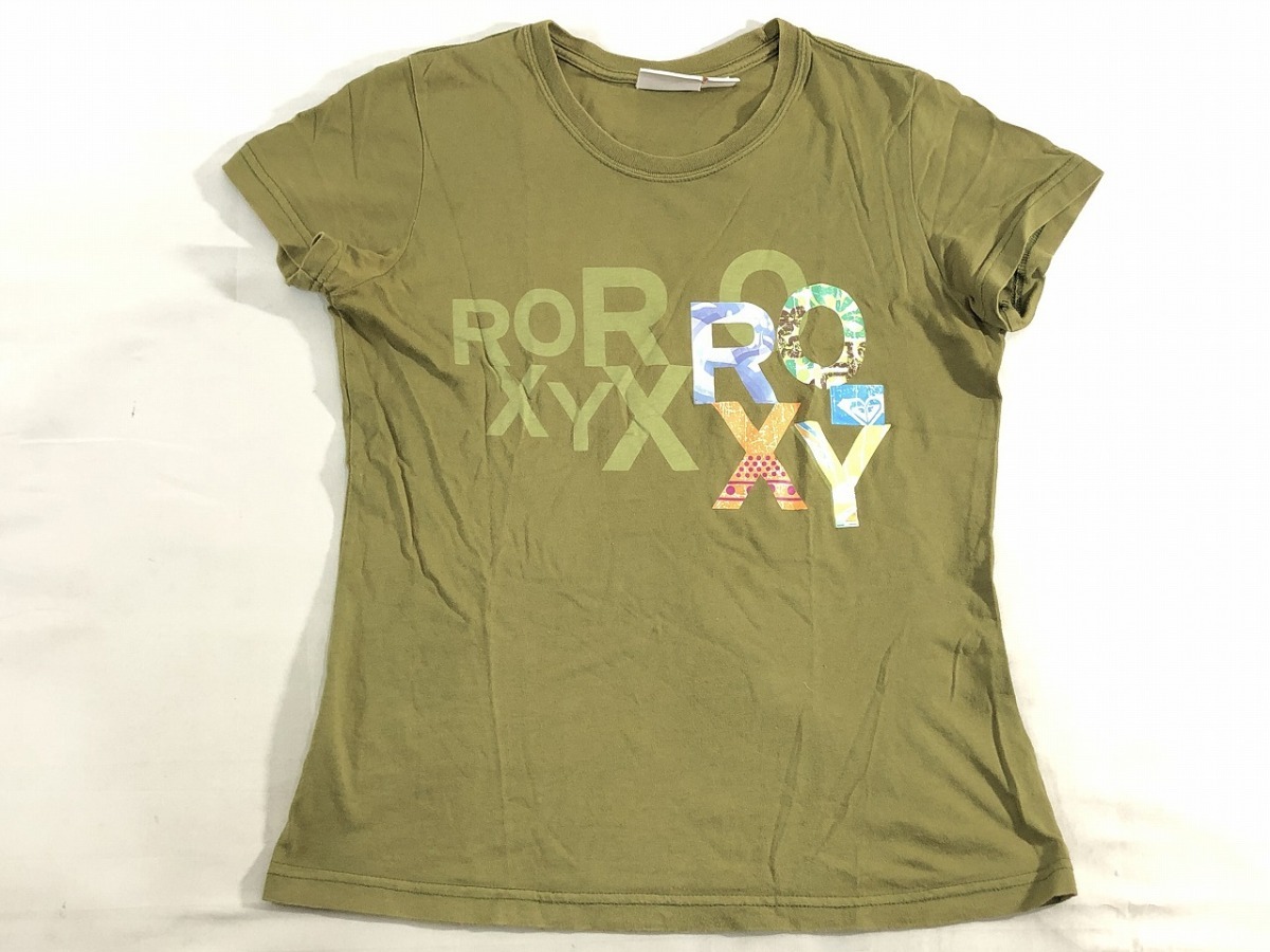 ロキシー Roxy レディース 半袖 プリント Tシャツ カーキ M-L やや美品 送料185円_画像1