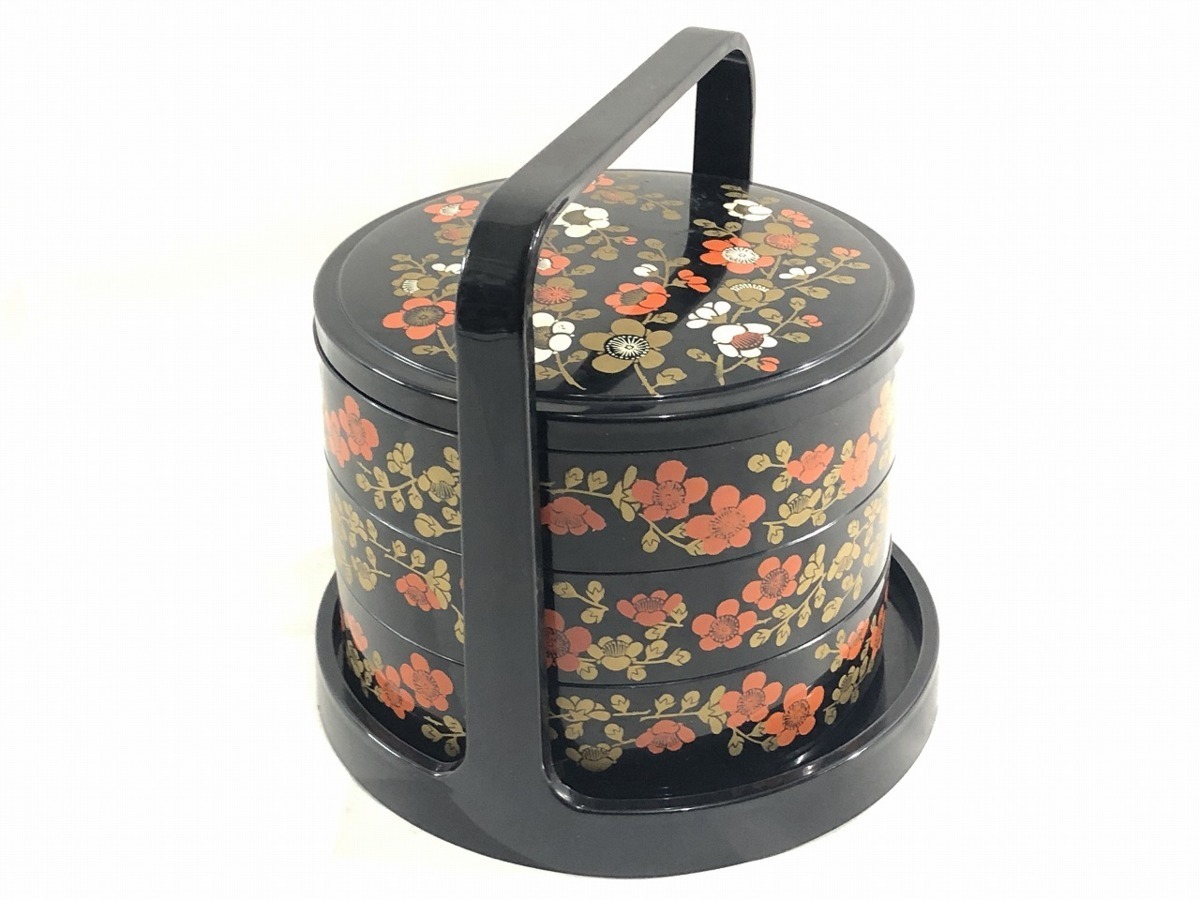 ■合成漆器☆持ち手付き 梅花柄 三段重/黒×赤・金《中古△》R3_画像2