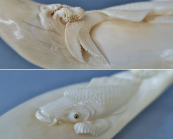 抹香鯨 鯨歯彫刻 昇鯉 掛花生 約367g（1024検：マッコウクジラ牙根付_画像9