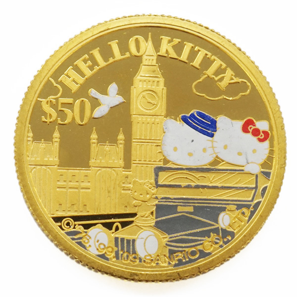 中古AB/使用感小 サンリオ ハローキティ35周年記念 カラー 金貨 純金 1/2オンス クック諸島 2009年 コイン 硬貨 貨幣 20436799_画像1