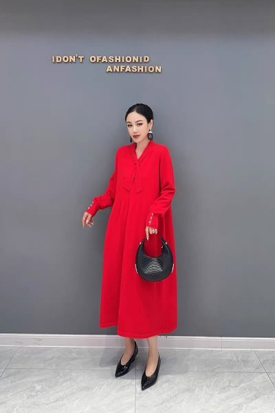 jd ワンピース ロング ゆったり 大人可愛 Ⅴネック ニット レッド