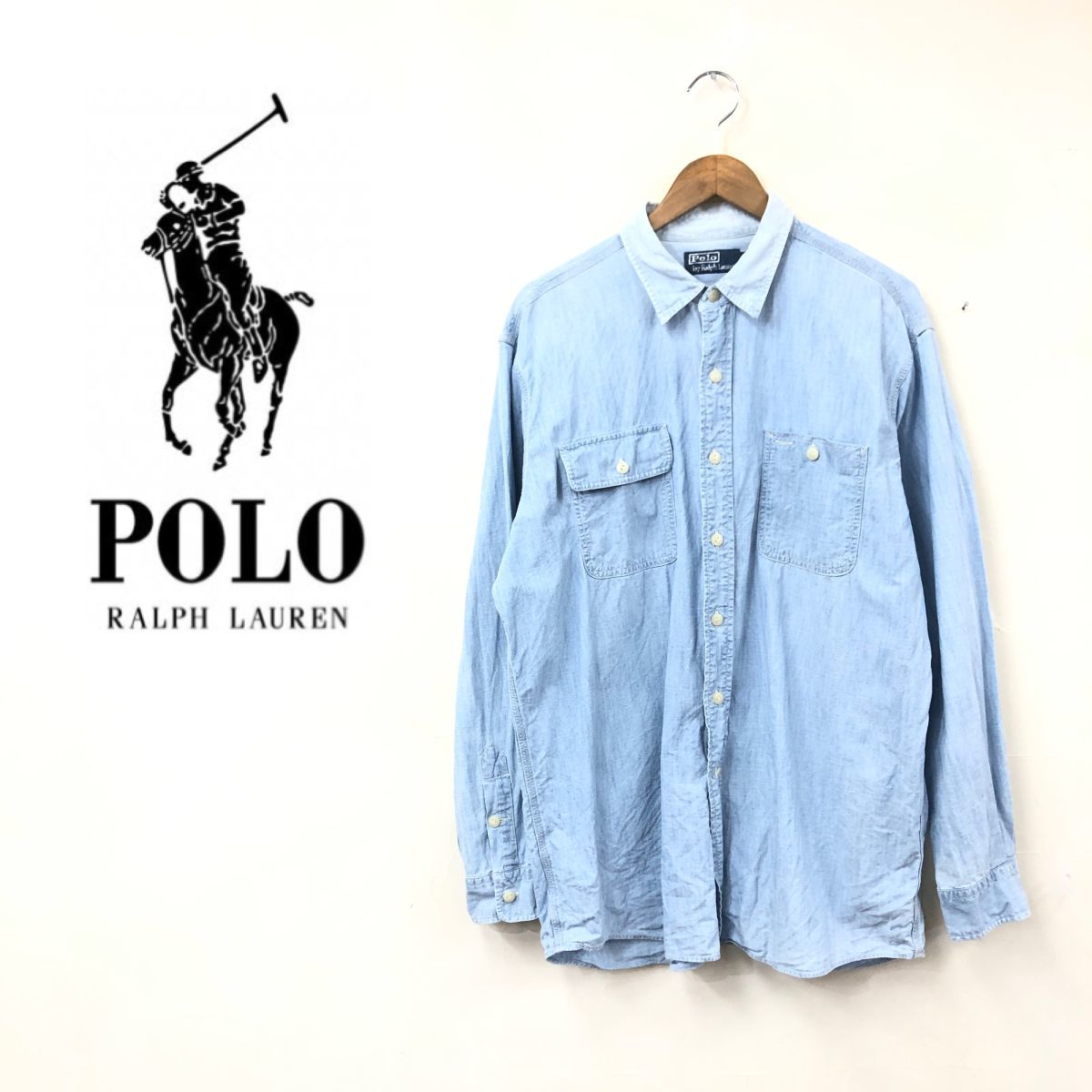 N364-F-N◆ POLO RALPH LAUREN ポロラルフローレン デニムシャツ 長袖 トップス 大きめ ◆ sizeL コットン100 ブルー 古着 メンズ 秋冬_画像1